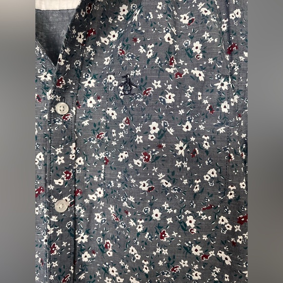 Men’s Penguin Medium Grey Short Sleeved Button Down With Floral Pattern - Picture 2 of 8